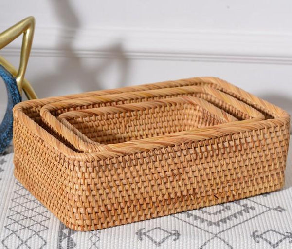 Woven Rectangular Basket for Shelves, Rattan Storage Basket, Storage Baskets for Bathroom, Woven Baskets for Living Room-Silvia Home Craft
