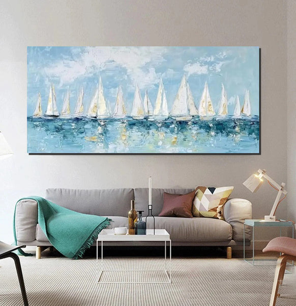 Large Wall Art Ideas for Living Room, Paintings for Living Room, Acrylic Painting on Canvas, Modern Paintings for Bedroom, Sail Boat Painting, Original Canvas Art-Silvia Home Craft