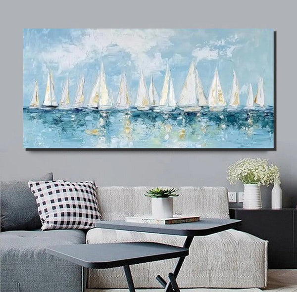 Large Wall Art Ideas for Living Room, Paintings for Living Room, Acrylic Painting on Canvas, Modern Paintings for Bedroom, Sail Boat Painting, Original Canvas Art-Silvia Home Craft