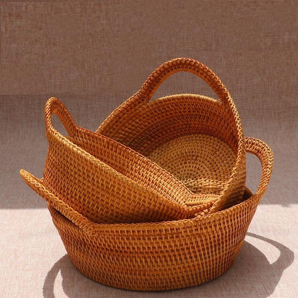 Woven Round Storage Basket, Storage Baskets for Kitchen, Rattan Storage Basket with Handle, Storage Basket for Dining Room, Set of 3-Silvia Home Craft