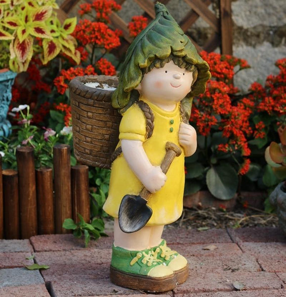 Large Boy Cart and Girl Carry Basket Statues, Flower Pot, Garden Courtyard Ornament, Gardening Ideas, House Warming Gift-Silvia Home Craft