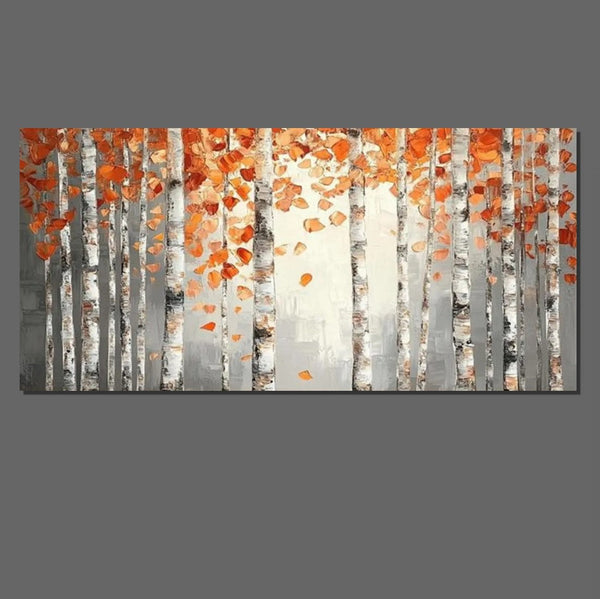 Large Wall Art for Bedroom, Modern Paintings for Living Room, Acrylic Painting on Canvas, Palette Knife Canvas Art, Autumn Birch Tree Painting, Original Canvas Art-Silvia Home Craft