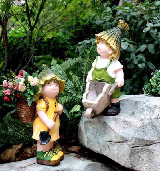 Large Boy Cart and Girl Carry Basket Statues, Flower Pot, Garden Courtyard Ornament, Gardening Ideas, House Warming Gift-Silvia Home Craft