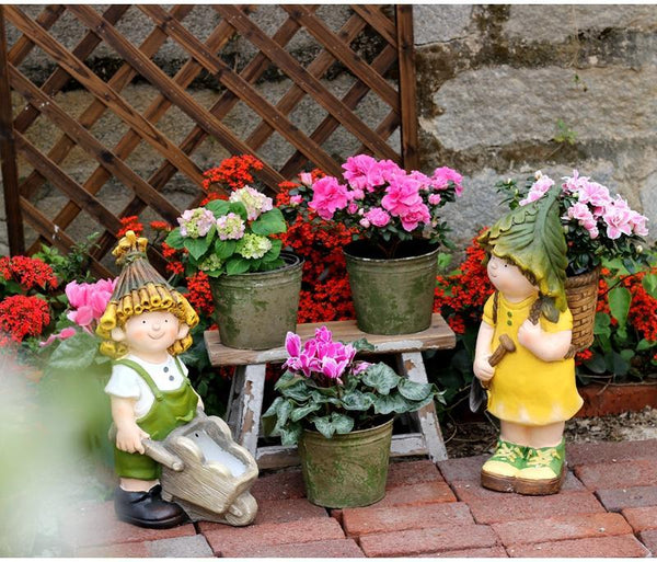 Large Boy Cart and Girl Carry Basket Statues, Flower Pot, Garden Courtyard Ornament, Gardening Ideas, House Warming Gift-Silvia Home Craft