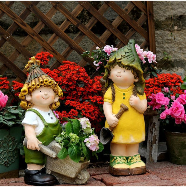 Large Boy Cart and Girl Carry Basket Statues, Flower Pot, Garden Courtyard Ornament, Gardening Ideas, House Warming Gift-Silvia Home Craft