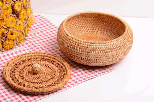 Woven Storage Basket with Lid, Lovely Rattan Round Storage Basket, Round Storage Basket for Kitchen-Silvia Home Craft