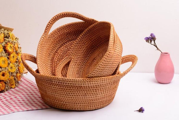Woven Round Storage Basket, Storage Baskets for Kitchen, Rattan Storage Basket with Handle, Storage Basket for Dining Room, Set of 3-Silvia Home Craft