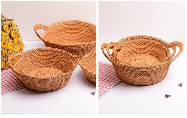 Woven Round Storage Basket, Storage Baskets for Kitchen, Rattan Storage Basket with Handle, Storage Basket for Dining Room, Set of 3-Silvia Home Craft