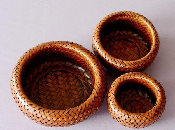 Woven Snacks Basket, Bamboo Storage Basket, Farmhouse Small Storage Basket, Round Storage Basket for Kitchen, Set of 3-Silvia Home Craft