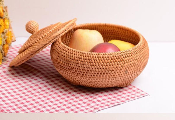 Round Storage Basket, Woven Storage Basket with Lid, Rattan Basket for Kitchen, Wicker Storage Basket-Silvia Home Craft