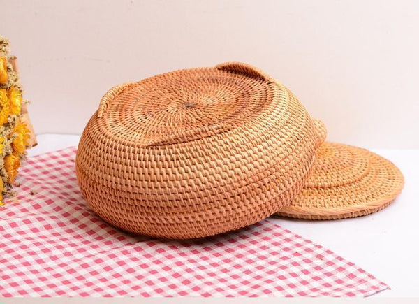 Round Storage Basket, Woven Storage Basket with Lid, Rattan Basket for Kitchen, Wicker Storage Basket-Silvia Home Craft