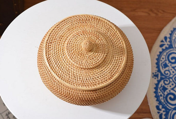 Woven Storage Basket for Kitchen, Round Storage Basket, Rattan Baskets, Small Storage Baskets, Handmade Storage Baskets, Round Storage Basket with Lid-Silvia Home Craft