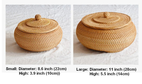 Woven Storage Basket for Kitchen, Round Storage Basket, Rattan Baskets, Small Storage Baskets, Handmade Storage Baskets, Round Storage Basket with Lid-Silvia Home Craft