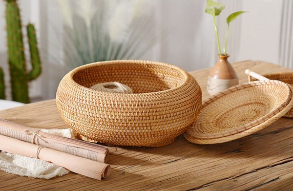 Woven Storage Basket for Kitchen, Round Storage Basket, Rattan Baskets, Small Storage Baskets, Handmade Storage Baskets, Round Storage Basket with Lid-Silvia Home Craft