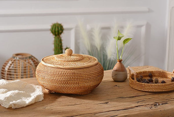 Woven Storage Basket for Kitchen, Round Storage Basket, Rattan Baskets, Small Storage Baskets, Handmade Storage Baskets, Round Storage Basket with Lid-Silvia Home Craft