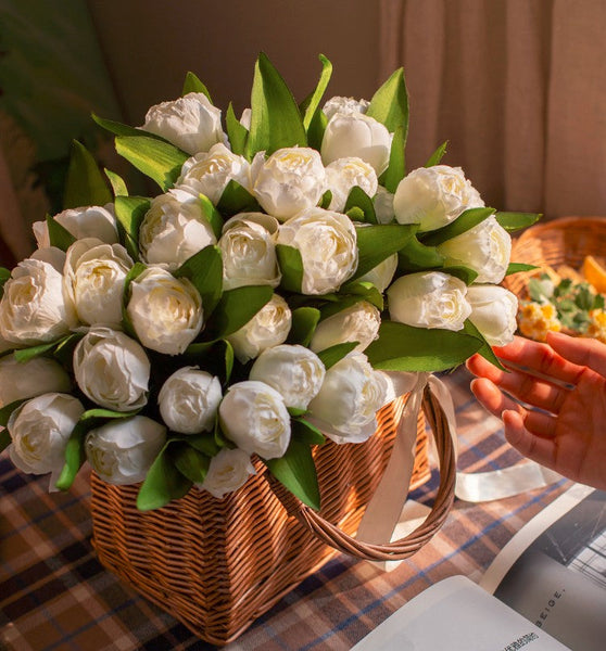 Spring Artificial Floral for Dining Room Table, White Tulip Flowers, Bedroom Flower Arrangement Ideas, Simple Modern Floral Arrangement Ideas for Home Decoration-Silvia Home Craft