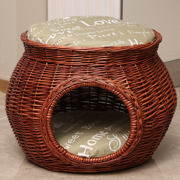 Wicker Cat House Basket with Washable Cushion for Indoor Cats and Dogs, Rattan Cat Bed-Silvia Home Craft