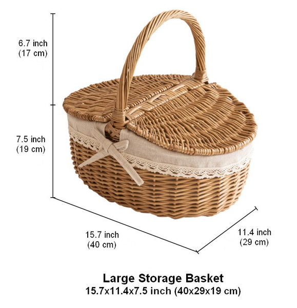 Picnic Storage Basket with Handle, Extra Large Kitchen Storage Baskets, Natural Hand-woven Wicker Storage Basket, Lovely Willow Weaving Baskets for Vegetable, Natural Fruit Storage Baskets-Silvia Home Craft