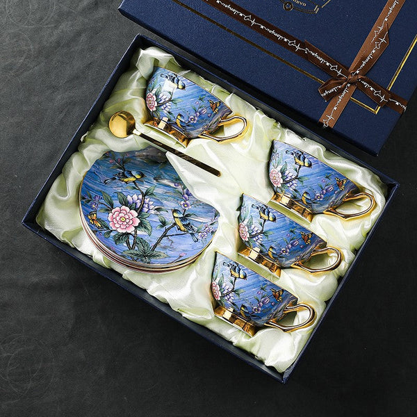 Unique British Tea Cup and Saucer in Gift Box, Blue Bird and Butterfly Bone China Porcelain Tea Cup Set, Elegant British Ceramic Coffee Cups-Silvia Home Craft
