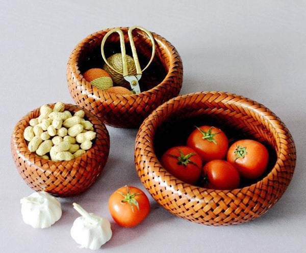 Woven Snacks Basket, Bamboo Storage Basket, Farmhouse Small Storage Basket, Round Storage Basket for Kitchen, Set of 3-Silvia Home Craft