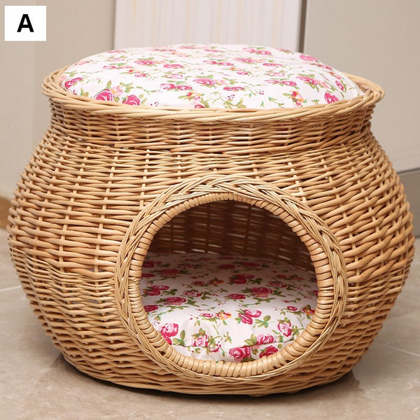 Wicker Cat House Basket with Washable Cushion for Indoor Cats and Dogs, Rattan Cat Bed-Silvia Home Craft