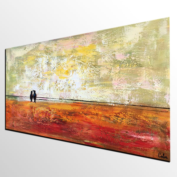 Bird at Wire Painting, Original Painting for Sale, Large Canvas Paintings, Simple Modern Painting, Love Birds Painting, Anniversary Gift-Silvia Home Craft