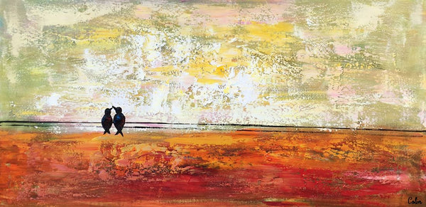 Bird at Wire Painting, Original Painting for Sale, Large Canvas Paintings, Simple Modern Painting, Love Birds Painting, Anniversary Gift-Silvia Home Craft