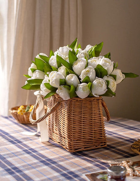 Spring Artificial Floral for Dining Room Table, White Tulip Flowers, Bedroom Flower Arrangement Ideas, Simple Modern Floral Arrangement Ideas for Home Decoration-Silvia Home Craft