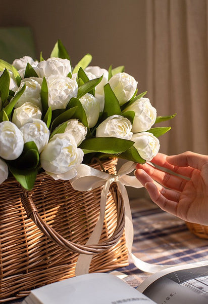 Spring Artificial Floral for Dining Room Table, White Tulip Flowers, Bedroom Flower Arrangement Ideas, Simple Modern Floral Arrangement Ideas for Home Decoration-Silvia Home Craft