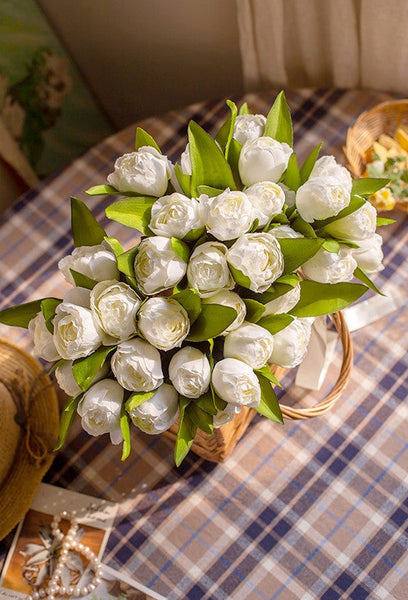 Spring Artificial Floral for Dining Room Table, White Tulip Flowers, Bedroom Flower Arrangement Ideas, Simple Modern Floral Arrangement Ideas for Home Decoration-Silvia Home Craft