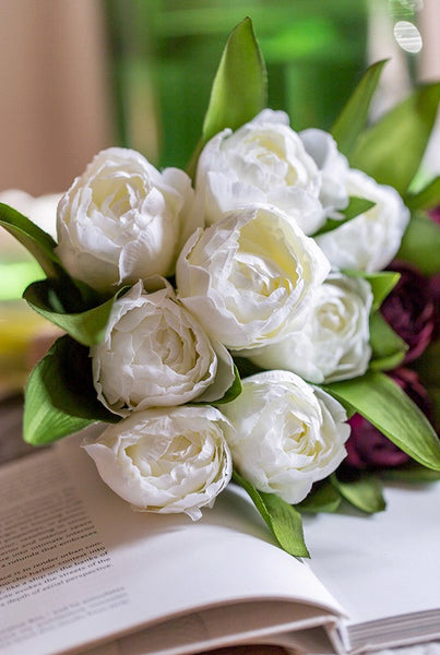 Spring Artificial Floral for Dining Room Table, White Tulip Flowers, Bedroom Flower Arrangement Ideas, Simple Modern Floral Arrangement Ideas for Home Decoration-Silvia Home Craft