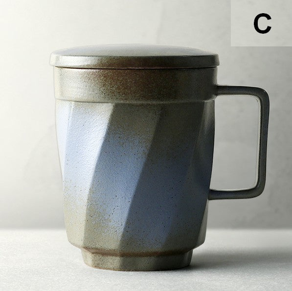 Unique Tea Cup, Large Capacity Coffee Mug with Cover, Large Modern Handmade Pottery Coffee Cup, Creative Brown Green Blue Black Ceramic Coffee Mugs-Silvia Home Craft
