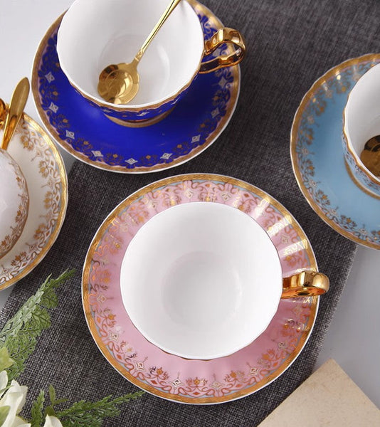 Pink Blue White Bone China Porcelain Tea Cup Set, Unique British Tea Cup and Saucer in Gift Box, Elegant British Ceramic Coffee Cups for Afternoon Tea-Silvia Home Craft