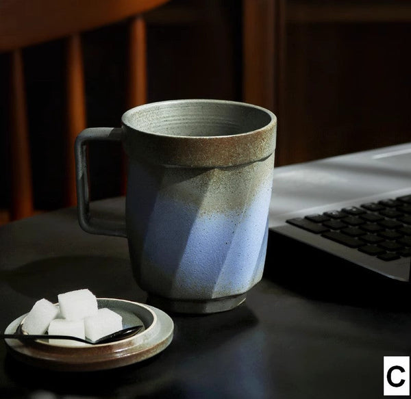 Unique Tea Cup, Large Capacity Coffee Mug with Cover, Large Modern Handmade Pottery Coffee Cup, Creative Brown Green Blue Black Ceramic Coffee Mugs-Silvia Home Craft