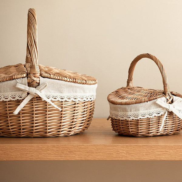 Picnic Storage Basket with Handle, Extra Large Kitchen Storage Baskets, Natural Hand-woven Wicker Storage Basket, Lovely Willow Weaving Baskets for Vegetable, Natural Fruit Storage Baskets-Silvia Home Craft