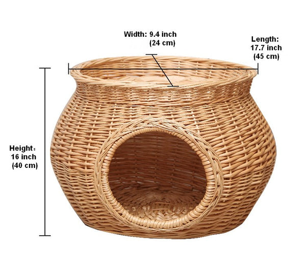 Wicker Cat House Basket with Washable Cushion for Indoor Cats and Dogs, Rattan Cat Bed-Silvia Home Craft