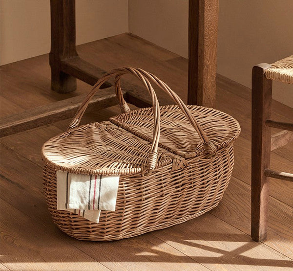 Extra Large Picnic Food Basket with Handle, Kitchen Storage Baskets, Natural Hand-woven Wicker Storage Basket, Lovely Willow Weaving Baskets for Vegetable, Natural Fruit Basket-Silvia Home Craft