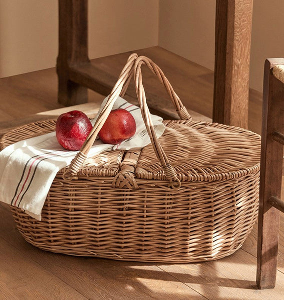 Extra Large Picnic Food Basket with Handle, Kitchen Storage Baskets, Natural Hand-woven Wicker Storage Basket, Lovely Willow Weaving Baskets for Vegetable, Natural Fruit Basket-Silvia Home Craft