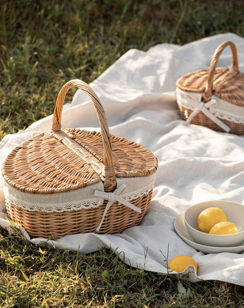 Picnic Storage Basket with Handle, Extra Large Kitchen Storage Baskets, Natural Hand-woven Wicker Storage Basket, Lovely Willow Weaving Baskets for Vegetable, Natural Fruit Storage Baskets-Silvia Home Craft