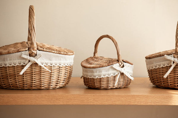 Picnic Storage Basket with Handle, Extra Large Kitchen Storage Baskets, Natural Hand-woven Wicker Storage Basket, Lovely Willow Weaving Baskets for Vegetable, Natural Fruit Storage Baskets-Silvia Home Craft
