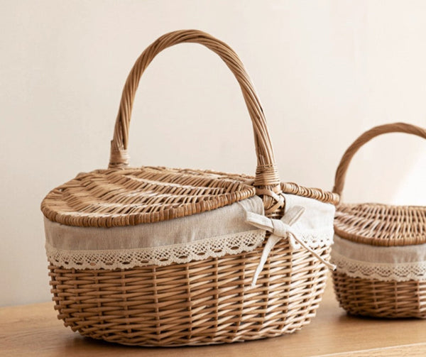 Picnic Storage Basket with Handle, Extra Large Kitchen Storage Baskets, Natural Hand-woven Wicker Storage Basket, Lovely Willow Weaving Baskets for Vegetable, Natural Fruit Storage Baskets-Silvia Home Craft