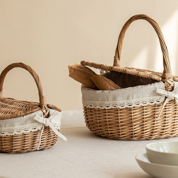 Picnic Storage Basket with Handle, Extra Large Kitchen Storage Baskets, Natural Hand-woven Wicker Storage Basket, Lovely Willow Weaving Baskets for Vegetable, Natural Fruit Storage Baskets-Silvia Home Craft