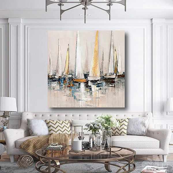 Sail Boat Paintings, Modern Acrylic Canvas Painting, Acrylic Painting on Canvas, Simple Painting Ideas for Dining Room, Oversized Canvas Painting for Sale-Silvia Home Craft