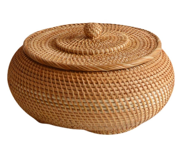 Woven Storage Basket for Kitchen, Round Storage Basket, Rattan Baskets, Small Storage Baskets, Handmade Storage Baskets, Round Storage Basket with Lid-Silvia Home Craft