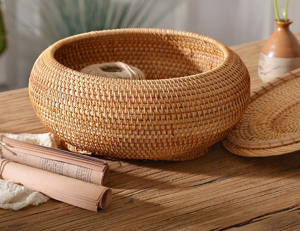 Woven Storage Basket for Kitchen, Round Storage Basket, Rattan Baskets, Small Storage Baskets, Handmade Storage Baskets, Round Storage Basket with Lid-Silvia Home Craft