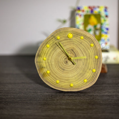 Unique Handcrafted Wooden Clock: Artisan Design with Locust Wood Rings, Yellow Ceramic Beads, and Magnetic Backing - Perfect Gift Home Decor-Silvia Home Craft