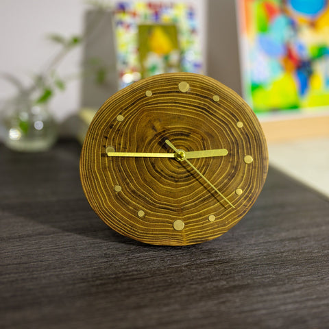 Handcrafted Locust Wood Desk Clock: Unique artisan design, polished locust wood dial, brass hour markers, magnetic backing easy placement-Silvia Home Craft