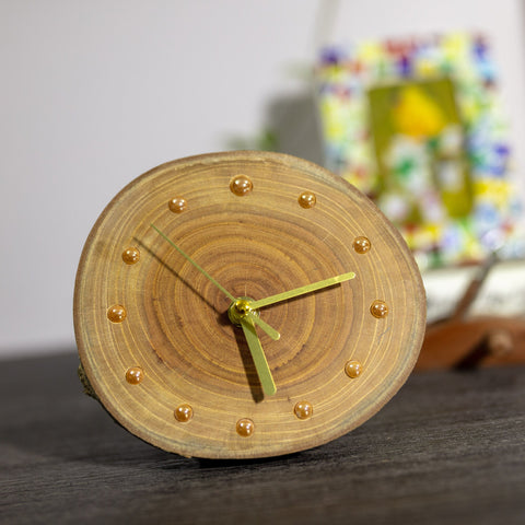 Unique Handcrafted Zelkova Serrata Desktop Clock: Artisan Design, Gold Ceramic Beads, Magnetic Pine Wood Backing, Eco-Friendly-Silvia Home Craft