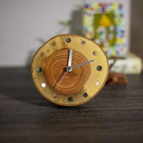 Handcrafted Zelkova Serrata Tabletop Clock with Iridescent Seashell Hour Markers - Unique Home Decor Accent - Perfect Gift Option-Silvia Home Craft