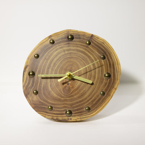 Handcrafted Elm Wood Desk Clock: Artisan-designed masterpiece with antique brass markers, for rustic or modern decor - includes battery-Silvia Home Craft